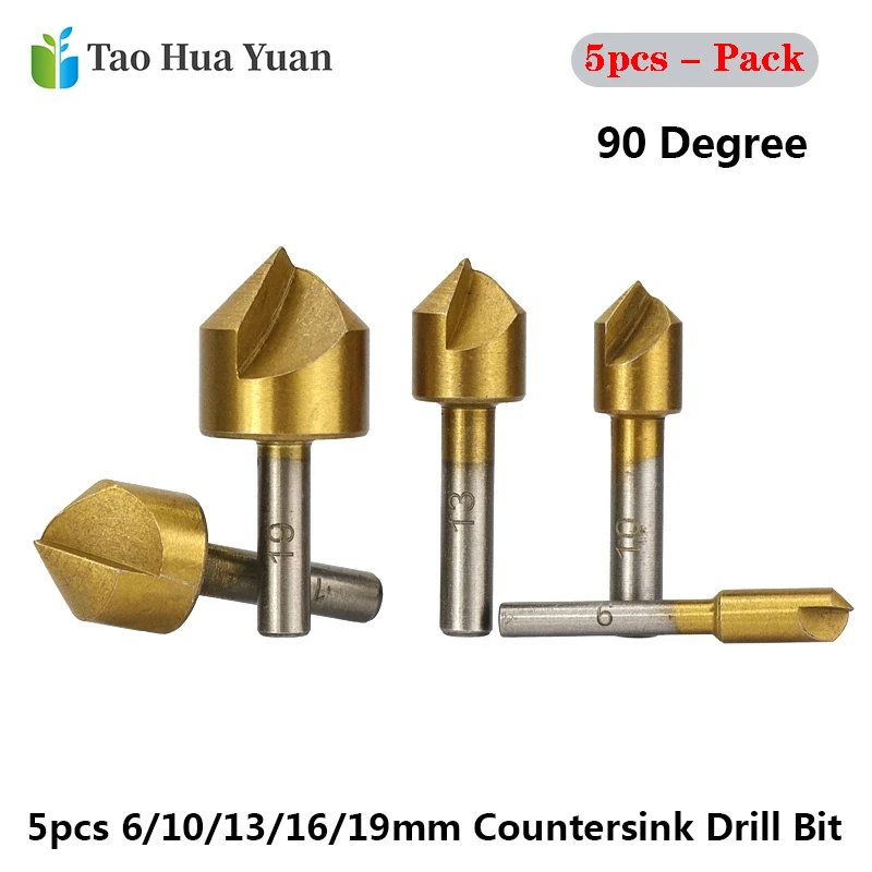 5pcs/set 90 Degree 6/10/13/16/19mm Countersink Drill Bit Set Carbon Steel Round Shank 1 Flute Drill Bit Wood Chamfering Cutter A