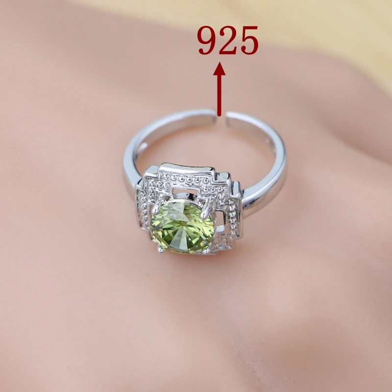 Woman Silver 925 Jewelry Set Olive Green Cubic Zirconia Square Hollow Earrings Ring Necklace Pendant Set