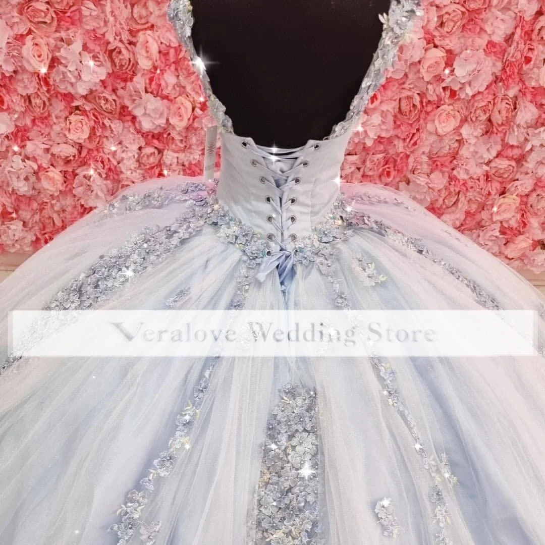 럭셔리 Quinceanera 드레스 꽃 오프 어깨 라이트 블루 핑크 공주 소녀 댄스 파티 복장 아플리케 Vestidos De Xv Años