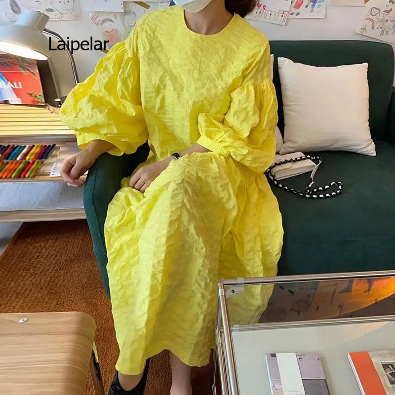 Soft Yellow Folds Dress Women's Spring 2021 New Round Neck Loose Long Lantern Sleeve Large Swing Mid-calf