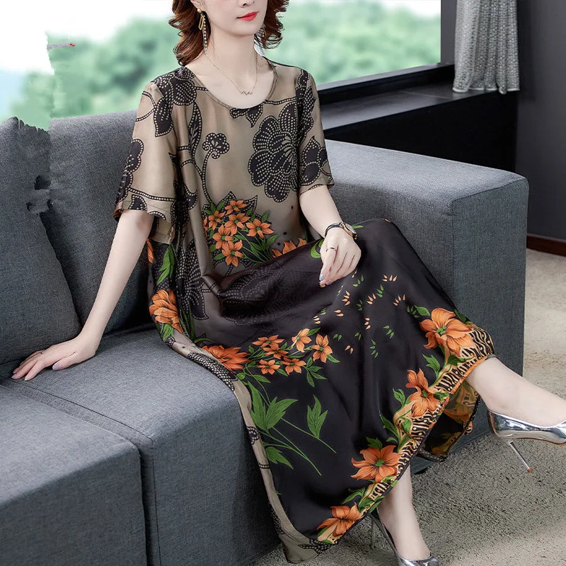 2021 Summer New Mulberry Silk Women Dresses Temperament Elegant Thin Loose Female Print Casual Dresses AD2032