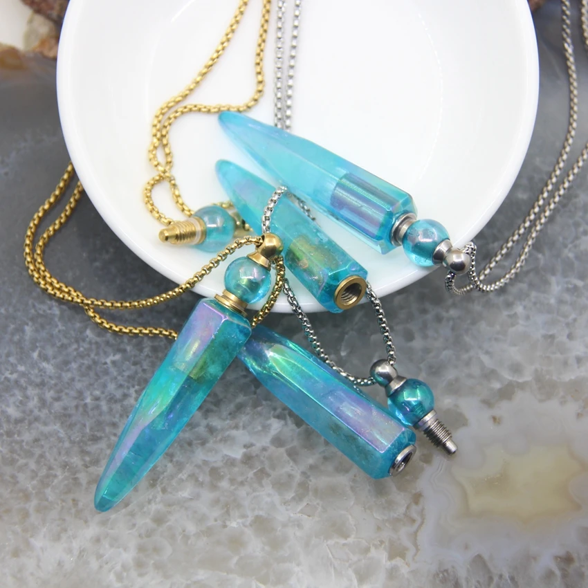New! Blue AB Raw Crystal Points Perfume Bottle Necklace Pendants,Aura Quartz Spike Pen Essential Oil Diffuser Vial Charms Chains