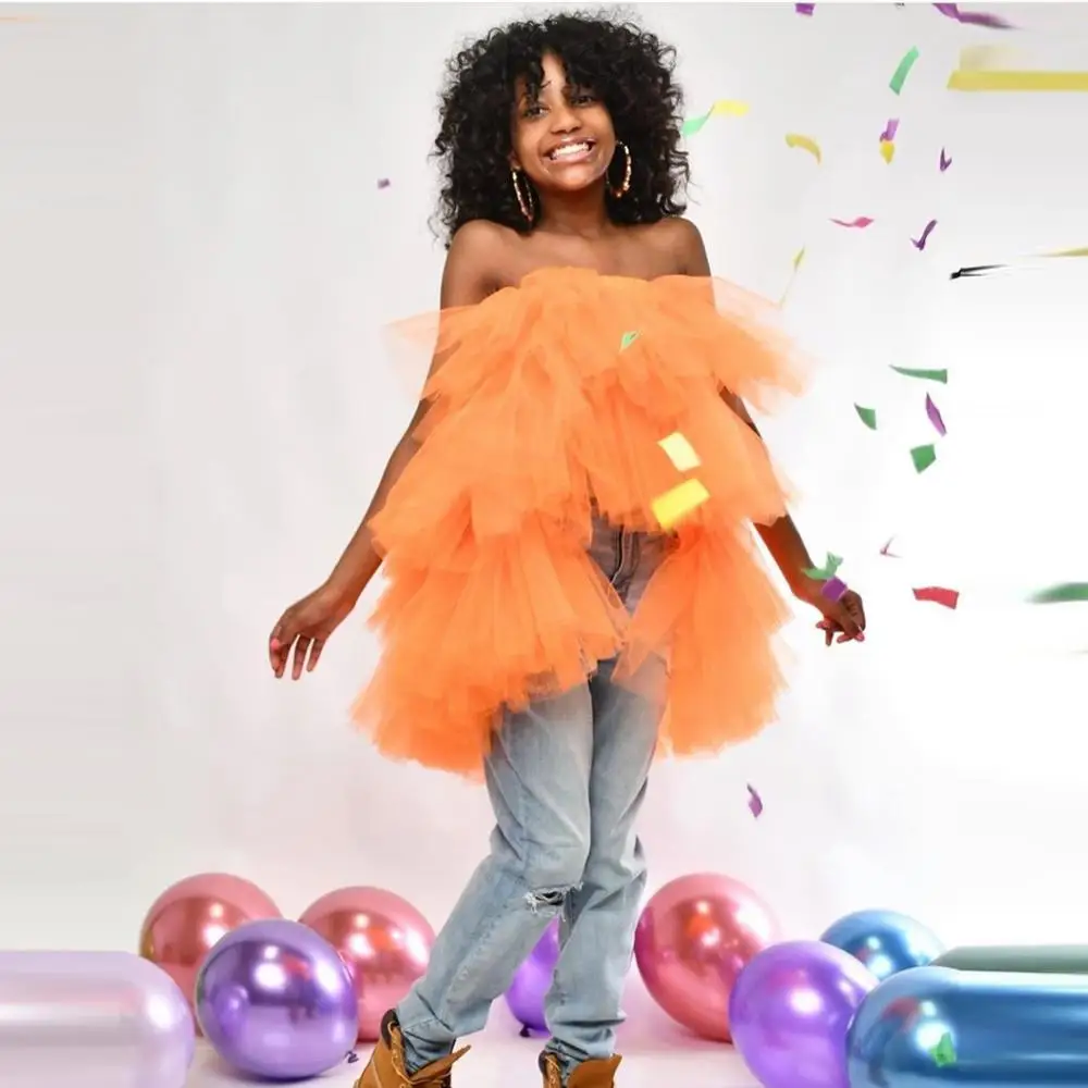 Cute Birthday Party Tulle Tops Girls Off The Shoulder Strapless Long Tulle Top Tiered Personalized Women Plus Size Blouse