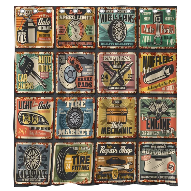 Car Service Collage Shower Curtain Rusty Metal Plates Vintage Signs Mechanic Garage Station Vector Grunge  Engine Repair Vehicle