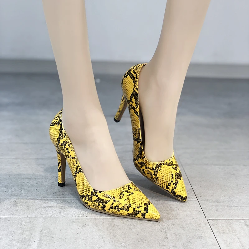 Aphixta 2022 New 9cm 10cm Thin Heels Shoes Women Pumps Pointed Toe Yellow Snake Prints Party Leisure Super Big Szie 45 46