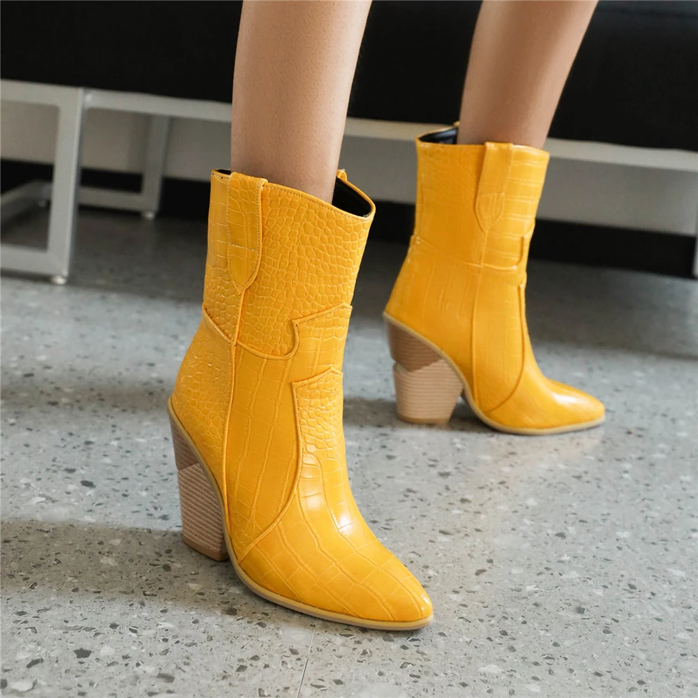 Women Western Cowboy Boots Faux Leather Pointed Wedges Female Cowgirl Boots Winter Chunky Heels Short Bottes Woman Shoes Pink 43