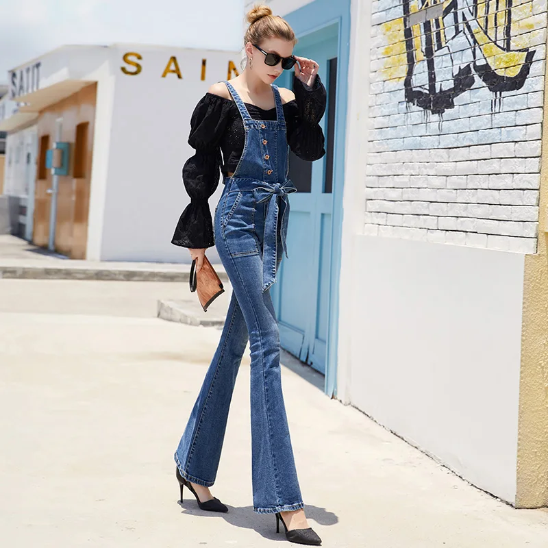 TIYIHAILEY Free Shipping Fashion Long Pants For Tall Women Bib Pants Bell-bottom Jeans Trousers Jumpsuit And Rompers 25-30 Size