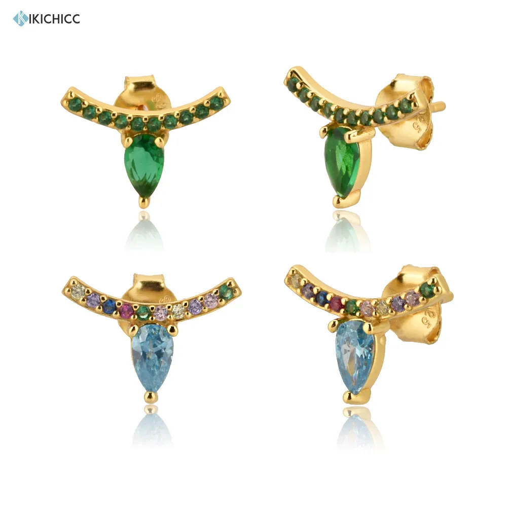 Kikichicc 925 Sterling Silver Blue Green Zircon CZ Stud Earring Fashion Rock Punk Multi Color Colorful Zircon Jewelry Piercing