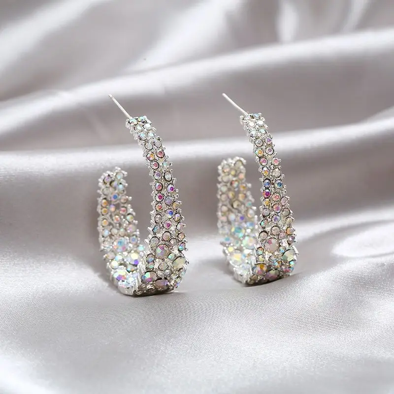 925 Sterling Silver Needle Hoop Earrings for Women Jewelry Round Colorful Rhinestone Crystal Female Elegant Earrings