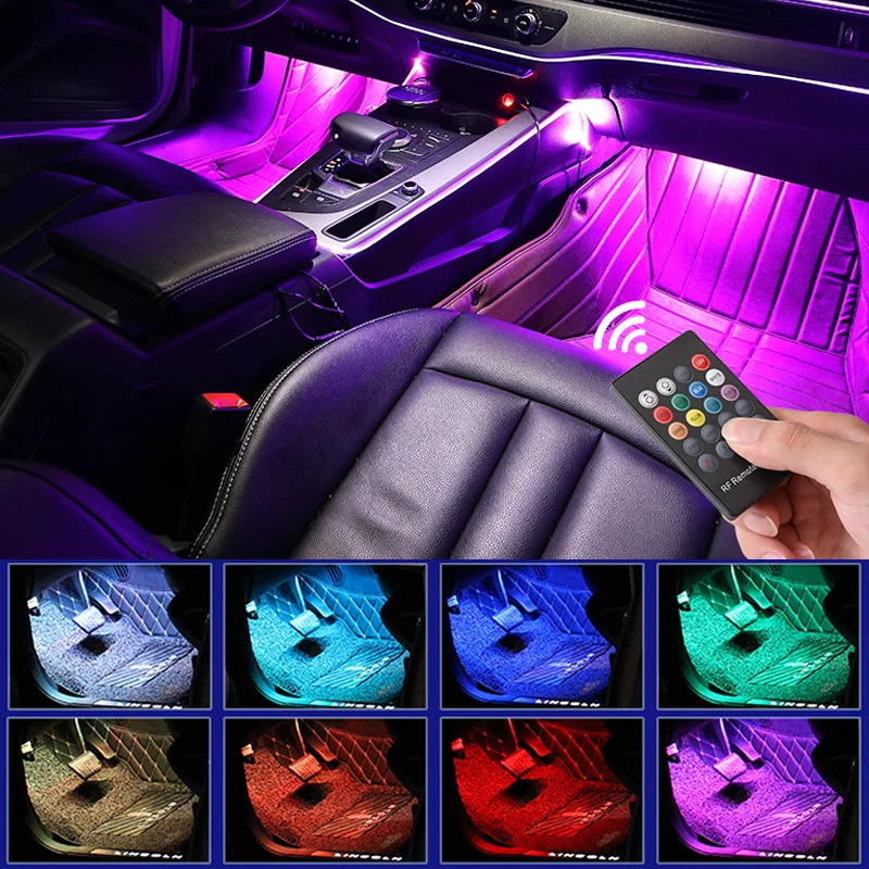 LED Car Foot Light com USB, controle remoto sem fio, controle de música, lâmpada ambiente, vários modos, interior automotivo, luzes decorativas