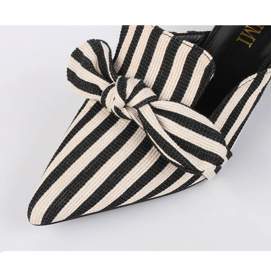 Woman Fashion Bowknot Striped Muller Shoes Pointed Toe Summer Square High Heels Women\'s Slippers Female Leisure Flip Flops 34-42