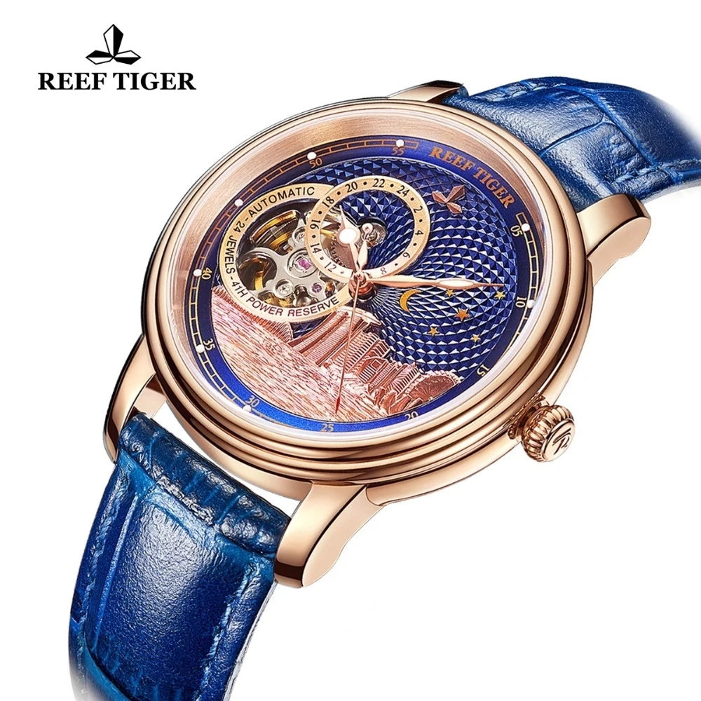 Reef Tiger/RT Top Brand Luxury Women Automatic Watches Rose Gold Blue Mechanical Watch Tourbillon Fashion Men Women Unisex Watch