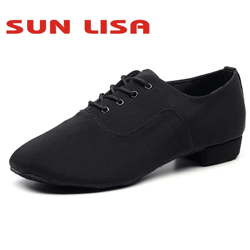 

SUN LISA Black Men's Indoor Oxford Leather Sole Chunky Heel Sneaker Ballroom Tango Salsa Modern Latin Dance Shoes