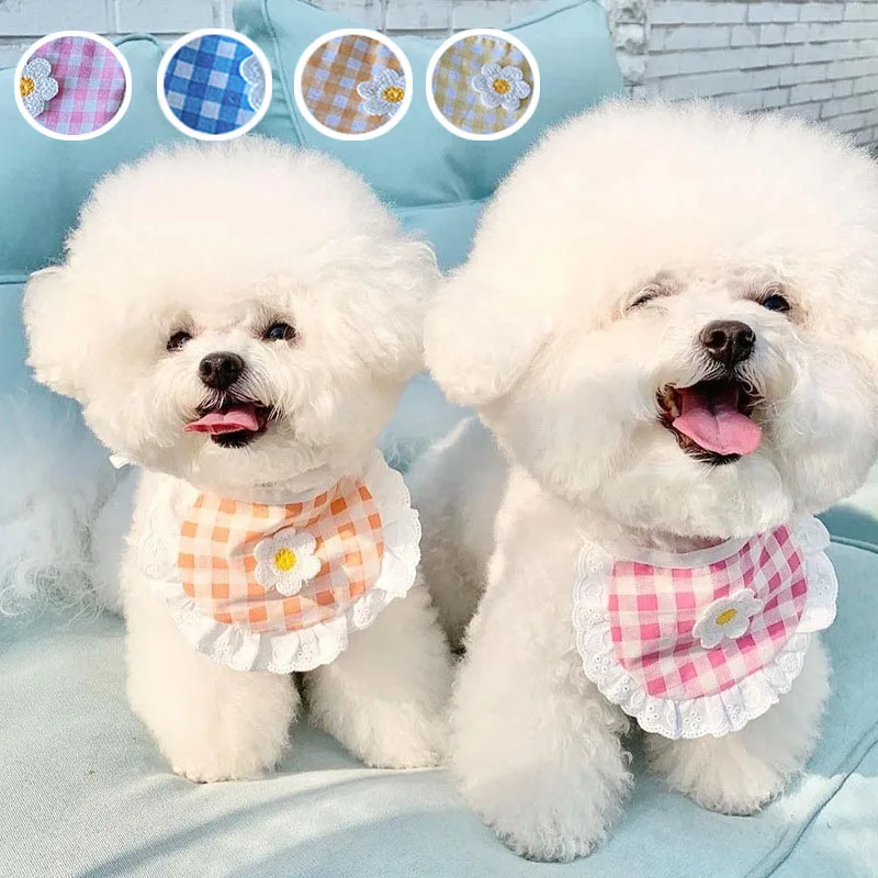 INS Pet Bibs Lattice Dogs Accessories Cotton Cute Pet Supplies for Small Dogs Plaid Lace Pet Saliva Towel for Teedy Dropshipping