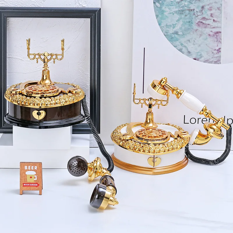 Antique Retro Phone Music Box Nordic Style Vintage Telephone Music Box Creative Dial Telephone Ornaments Home Craft