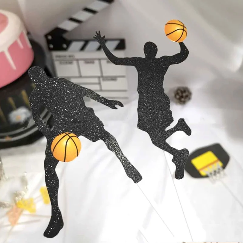 5 pcs Paper glitter basketball Cake Toppers Basketball player cake dessert Adorn card Flags Decor Cake Baking DIY Party Supplies