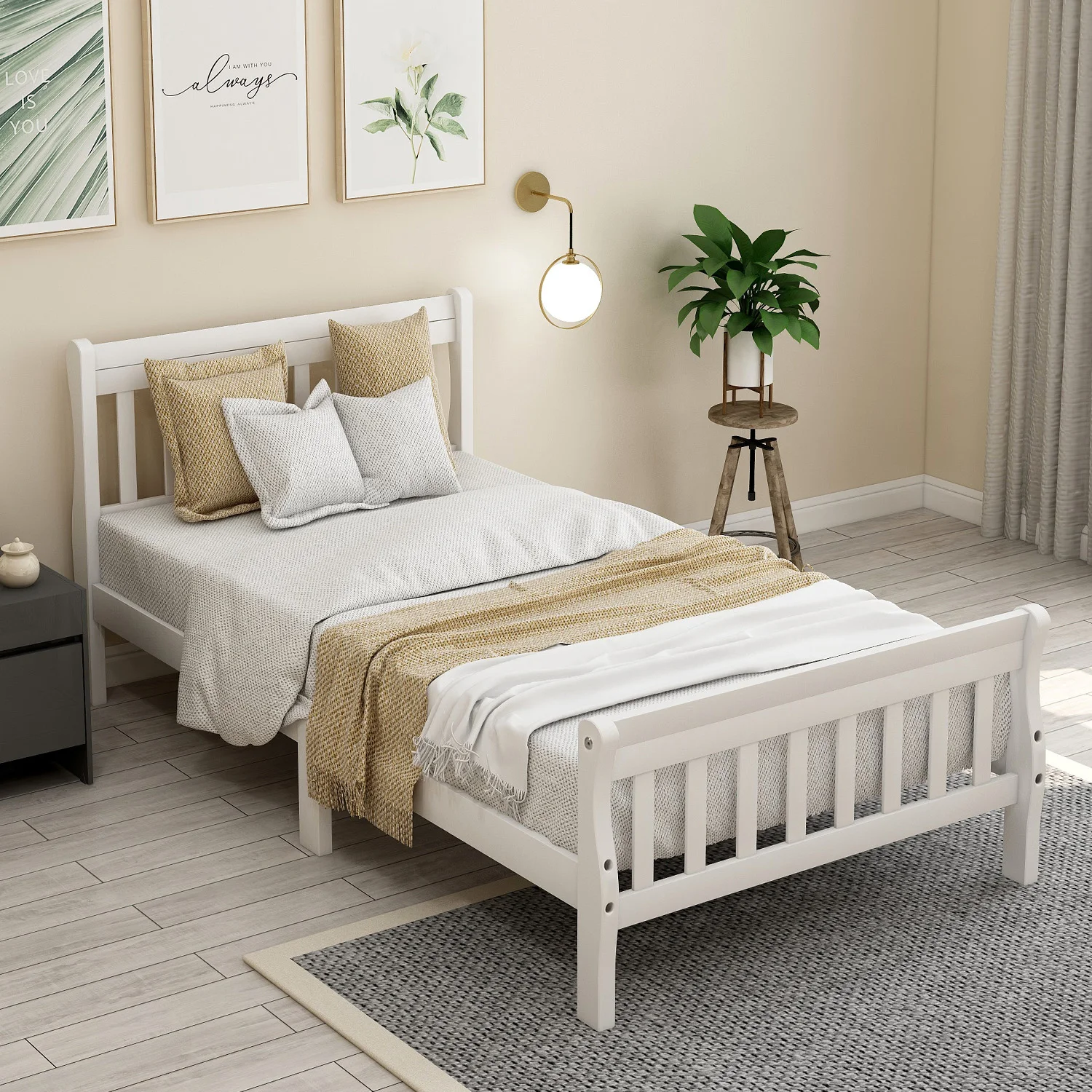 Three Colors Wood Platform Bed Twin Bed Frame Panel Bed Mattress Foundation Sleigh Bed with Headboard Bedroom Furniture In Stock