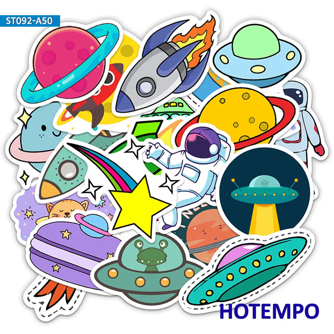 50Pieces Outer Space Alien Astronaut UFO Rocket Ship Planet Cartoon Stickers for Scrapbook Luggage Cup Phone Laptop Sticker Toys