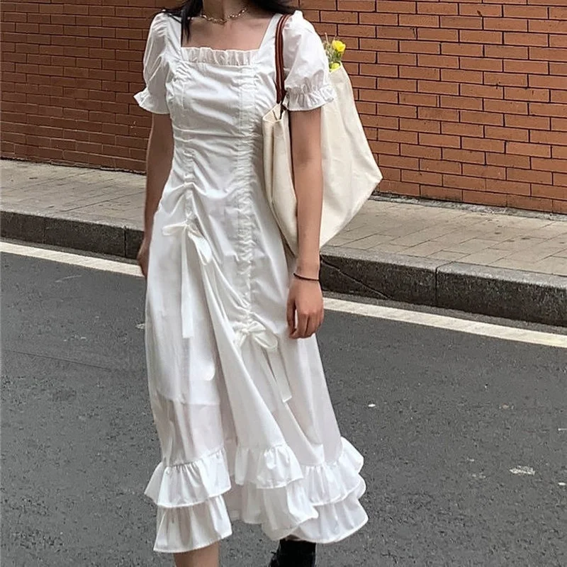 

Dress Women Summer Short Sleeve Solid Simple All-match Sundress Holiday Fashion Elegant French Style Leisure Girl Kawaii Soft