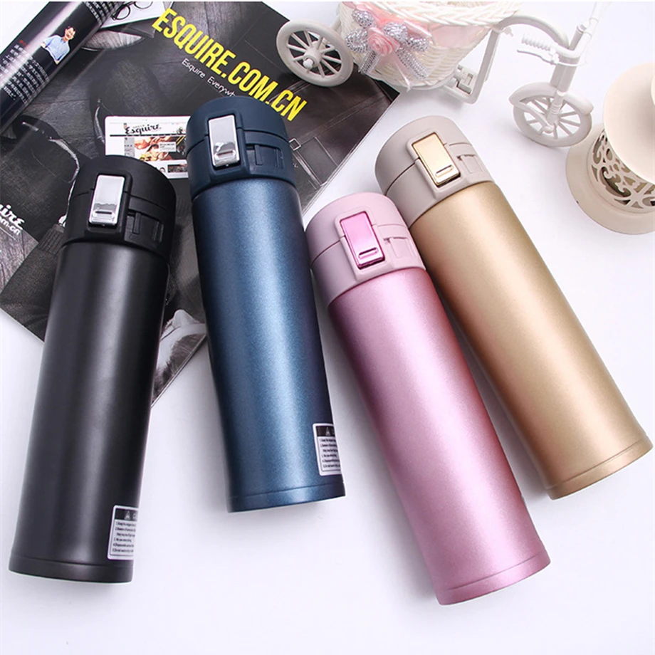 

100pcs/Lot 500ml 17oz Thermal Bottle Mug Tumbler 304 Stainless Steel 2-Wall Insulated Vacuum Cup Flask Pop-up Lid Safety Lock