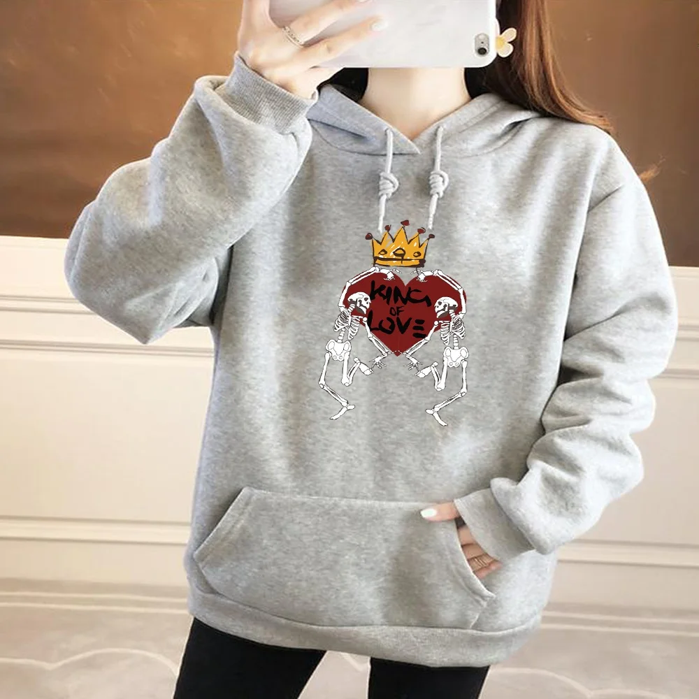 Sweat à capuche à manches longues pour femmes, surdimensionné, poche de sport, pull Harajuku drôle, couronne de crâne, amour imprimé, hauts décontractés pour filles