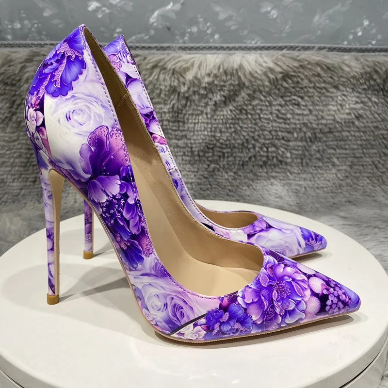 12cm heel Purple Flower Print Women Glossy Patent Pointy  High Heel Shoes Chic Floral Stiletto Pumps Large Size 43 44 45