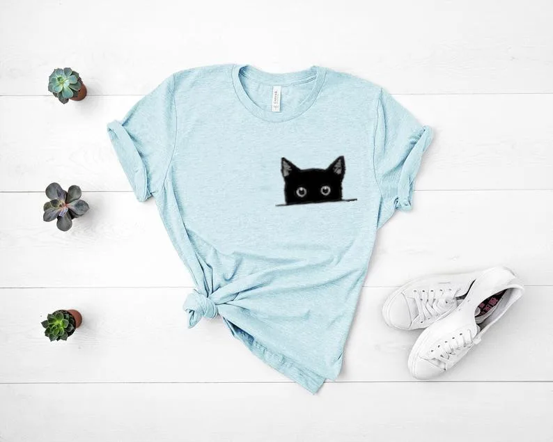 Cute Cat Shirt Hiding in Pocket Cute Kitty in Pocket Kitten Pocket Gift for Cats Lover Mom Shirt 100% Cotton Short Sleeve O Neck