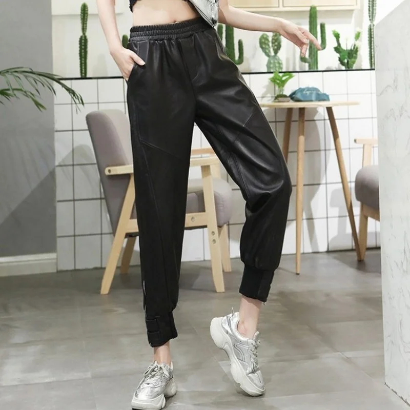 

Elastic Women Waist Loose Casual 100% Sheepskin Harem Pants Lady Real Leather Ankle-Length Pants Street Style Hip Hop Pants