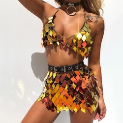 Colorful Shiny Metal Sequined Two Piece Set Halter Low Cut Hollow Out Crop Top Hot Patchwork Skirt Rave Festival Two Piece Sets