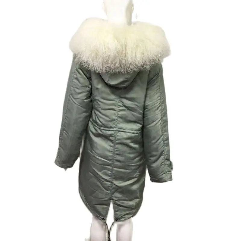 Green Men's Coat Fashion Real Lamb Fur Collar And High Quality Faux Fur Lining Collar Can Be Removable