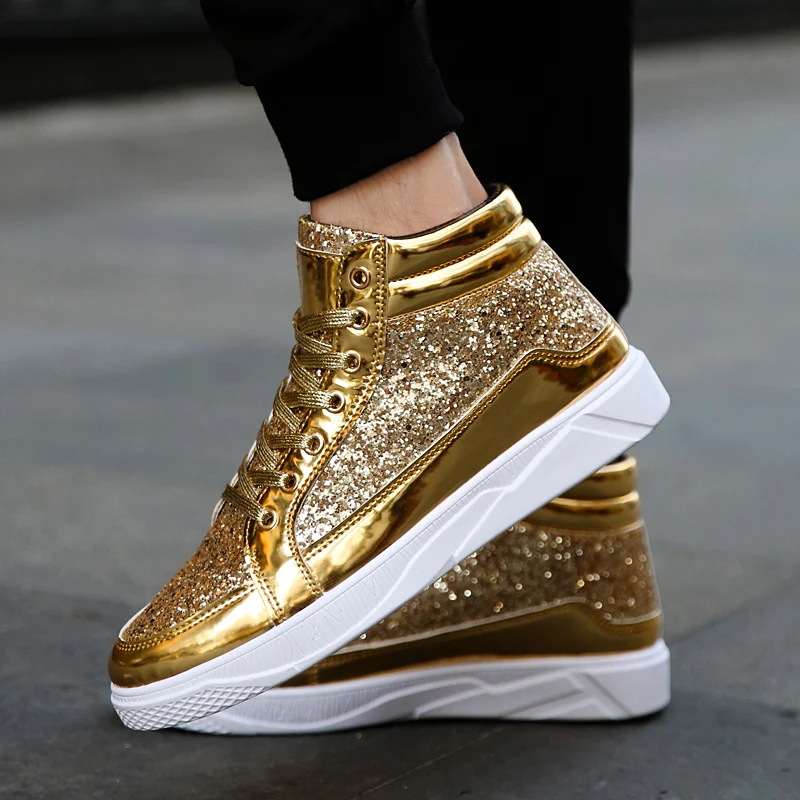 High Top Sneakers 2024 Cool Men Shoes Gold Glitter Fashion Sneakers Lace Up Platform Flats Gold Shoes Man Sequins Men's Trainers