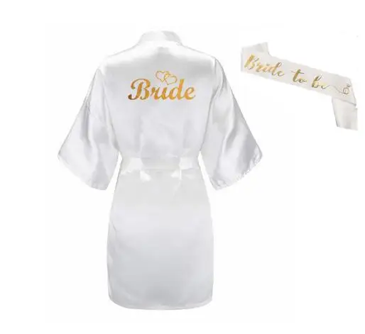 3pc set of glitter gold bride satin short bride robe slippers bridal sash peignoir women Bridal Party 2019 kimono robe