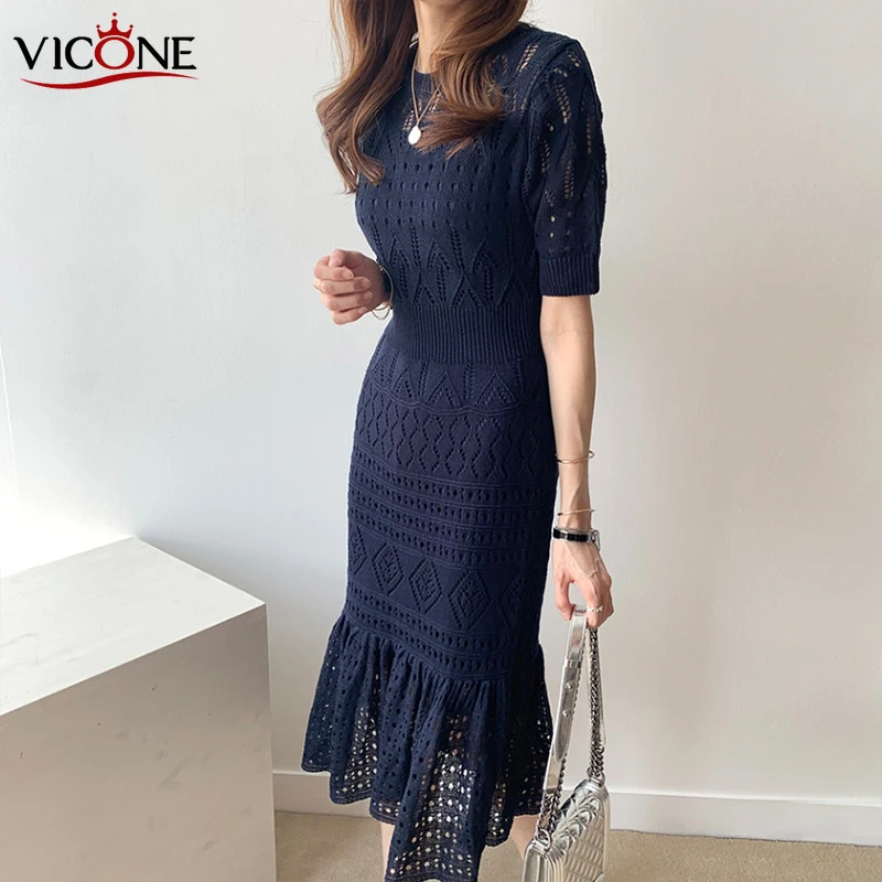 VICONE Falbala two-piece hollow out ice silk knitting dress  hip cultivate one's morality show thin waist Dress