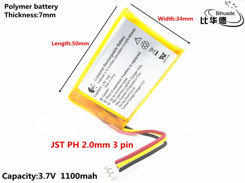 JST PH 2.0mm 3 pin dobrej jakości 3.7 V, 1100 mAH, 703450 polimerowy akumulator litowo-jonowy/litowo-jonowy do TOY, POWER BANK, GPS, mp3, mp4