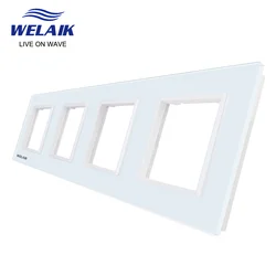 WELAIK  EU 4Frame 293*80mm White Wall Socket Outlet Square Hole Crystal Tempered Glass Panel Only DIY Parts  A48W1