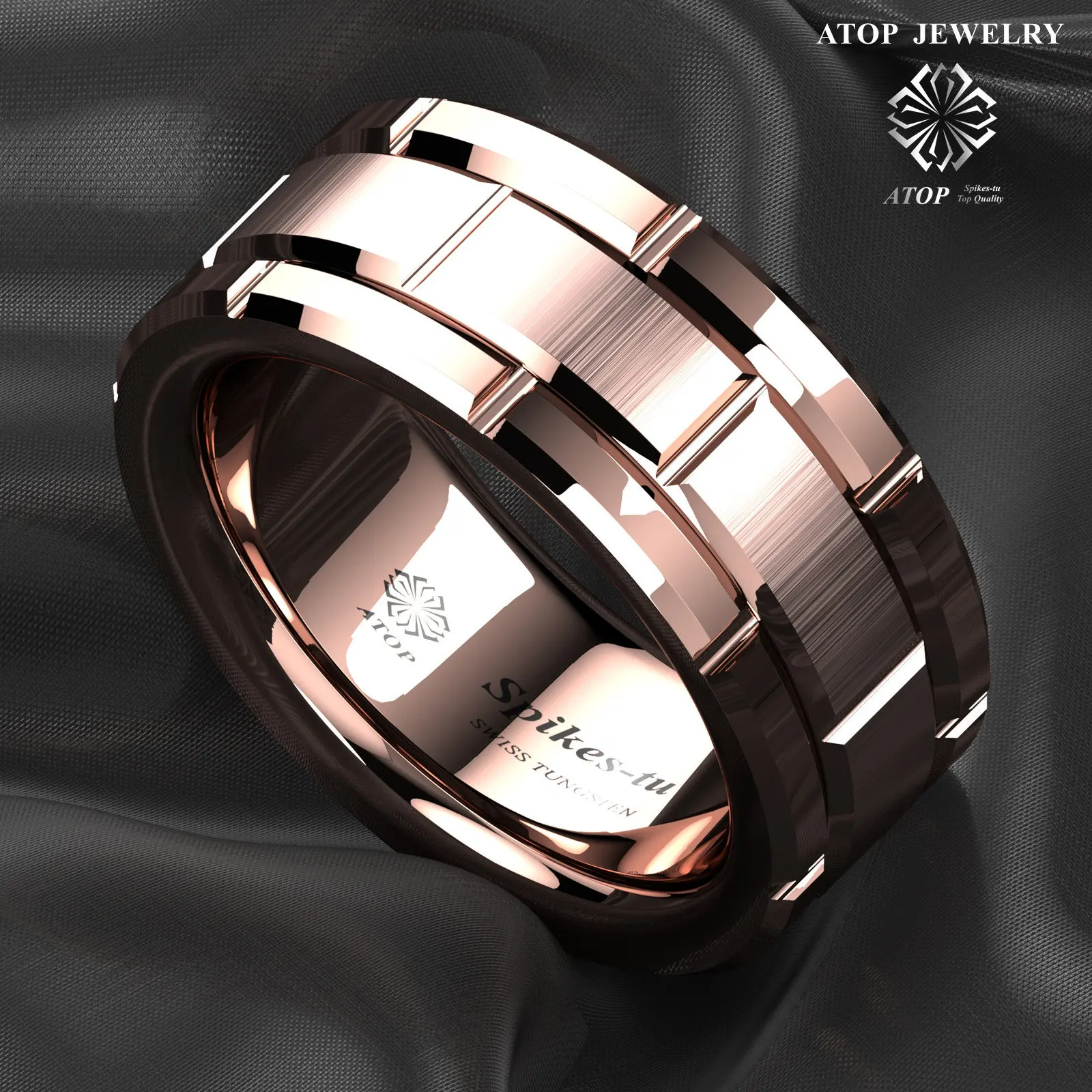 8mm Rose Gold Men Tungsten Ring Bushed Plated Metal ATOP Wedding Band