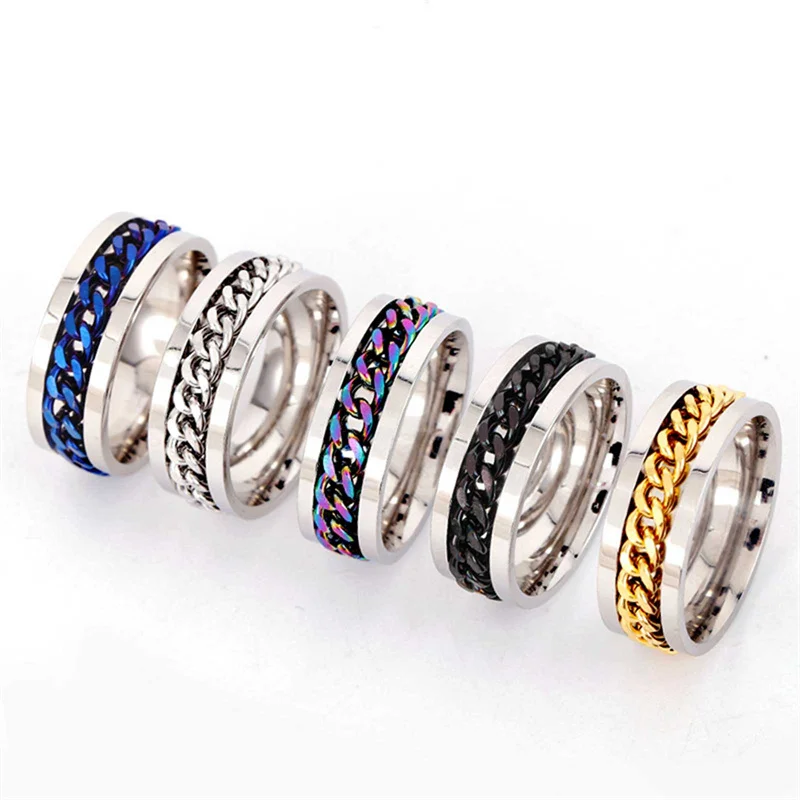 Cool Stainless Steel Rotatable Men Couple Ring Spinner Chain Rotable Rings Gift