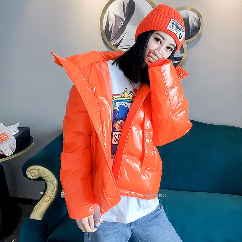 2022 Glossy Yellow/white/black/orange Women Winter Jacket Streetwear Hooded Parkas Female  Thick Warm Down Cotton Coat