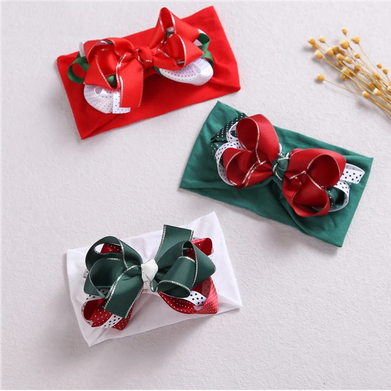 Nylon Girls Headband Christmas Dot Hair Accessories for Kid Red Green White Hair Bows Children Printed Headwraps Photo Props