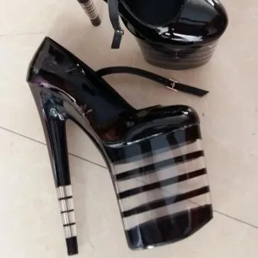 8 inch Womens Fashion Pump Platform Stiletto High Heel Shoes 20cm Sexy Black Stripe Transparent Shoes Dance Shoes