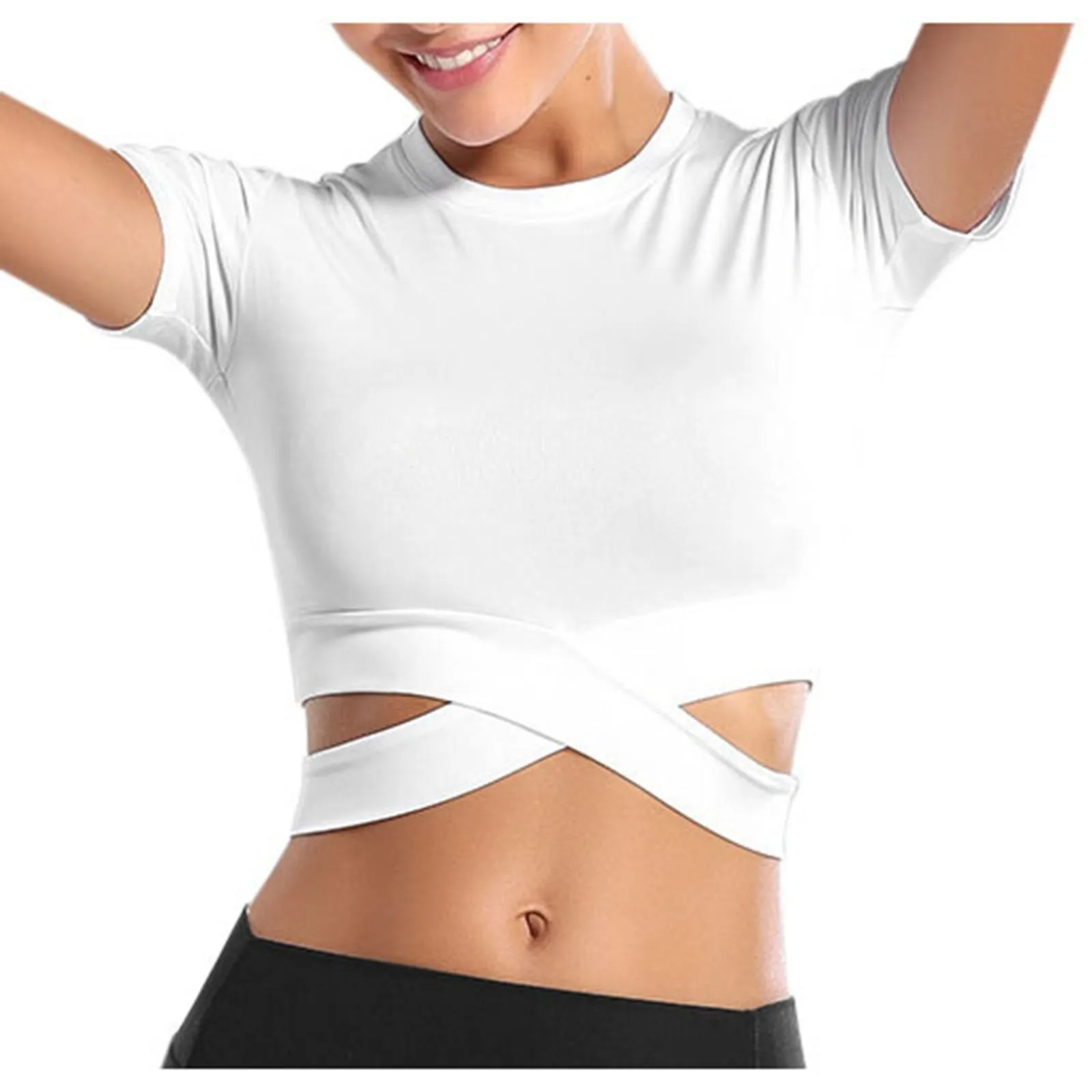 Women Crop Tanks Tops Tummy Cross Solid Color Camis Short Sleeve Sport Shirt For Yoga Spandex New Camisetas De Manga Curta