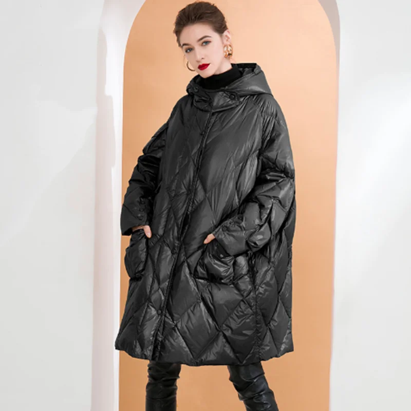 New Mid-length Over-the-knee Down Jacket Women's Multi-pocket Loose And Thick White Duck Down Winter Coat Outdoor Walking Travel