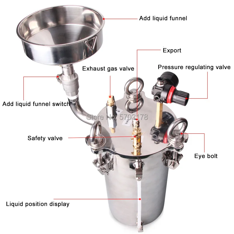 Con oltre imbuto, livello del liquido di visualizzazione, 304 di erogazione secchio, 1L-100L, supporto personalizzato in acciaio inox serbatoio di pressione