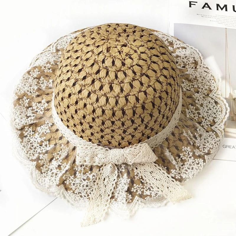 Parent-child Summer Women\'s Sun Hat Bucket cap beige lace Bowknot Flowers Ribbon Flat top Straw Hats Beach Caps Panama seaside