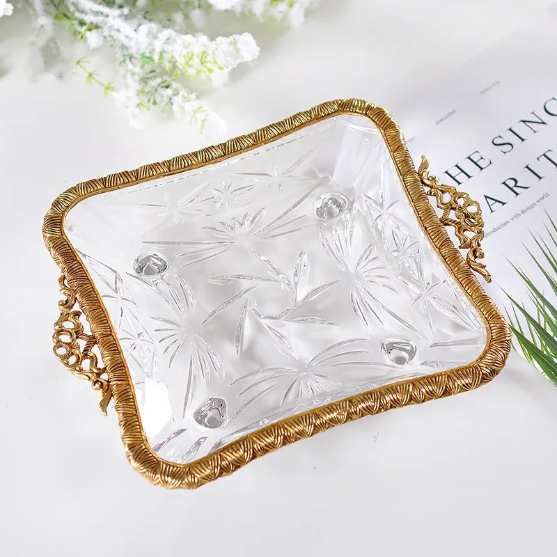 Fruit tray Jewelry storage tray Home Decoration Desktop ornaments Brass handcrafts European retro style Crystal glass bowl