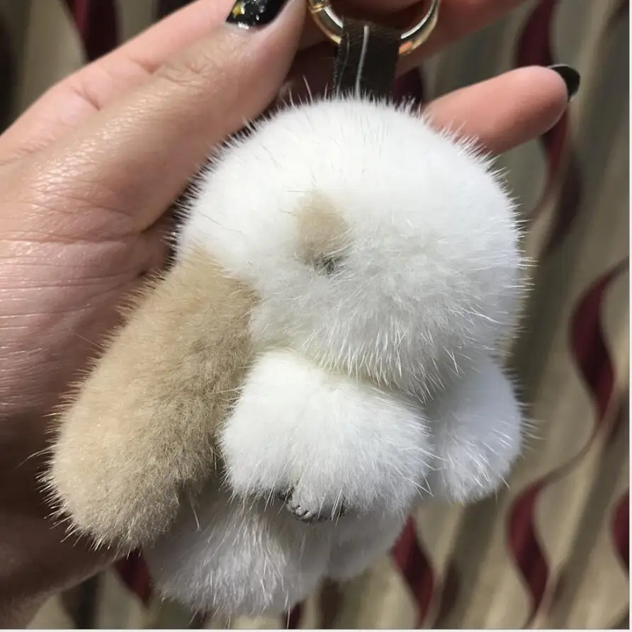 Genuine Mink Fur Pompom Bunny Rabbit Keychain Fluffy Soft Bag Purse Charm Backpack detachable Key Ring