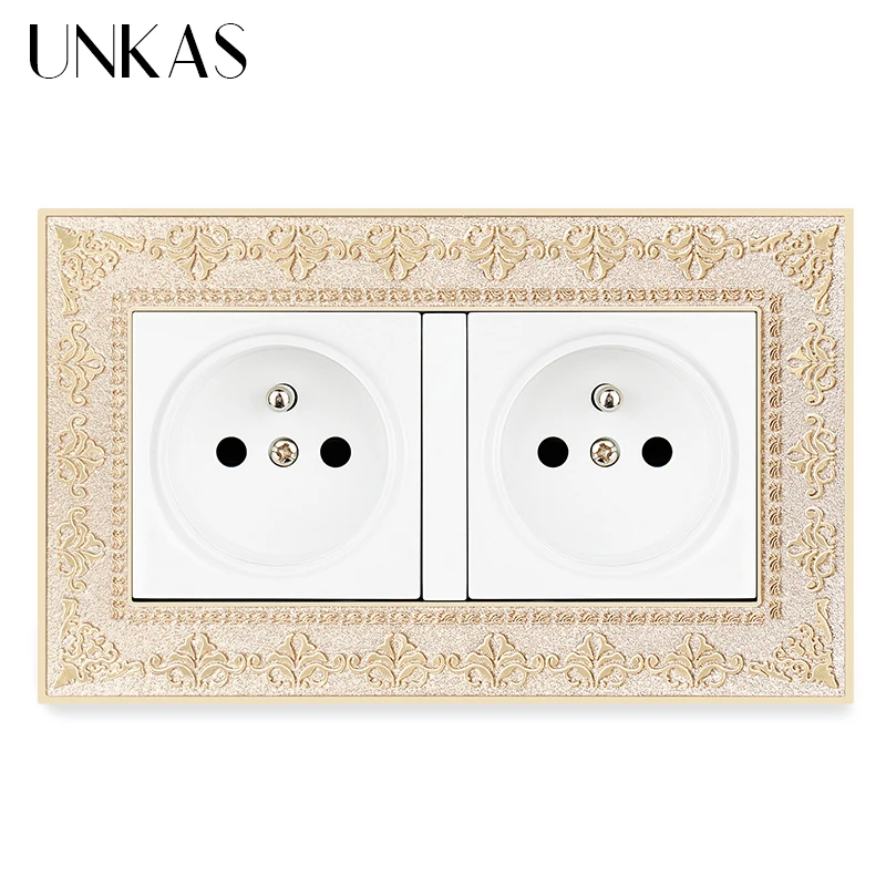 

UNKAS Dual French Standard Wall Power Socket 146MM*86MM 4D Embossing Zinc Alloy Panel Outlet Grounded With Child Protective Lock