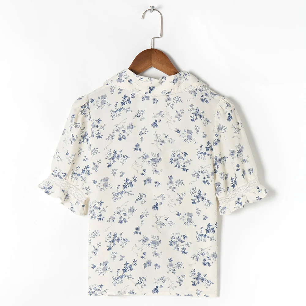 Imagem -05 - Camisa Estampada Floral Feminina Gola em v com Lapela Renda Manga Curta Soprada Blusas de Botão Top Elegante Moda Vintage Verão 2023