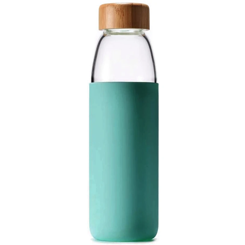 500 Ml Simple Design of Bamboo Cover Glass Water Bottle with Bamboo Lid and Silicone Protective Sleeve Bpa Free