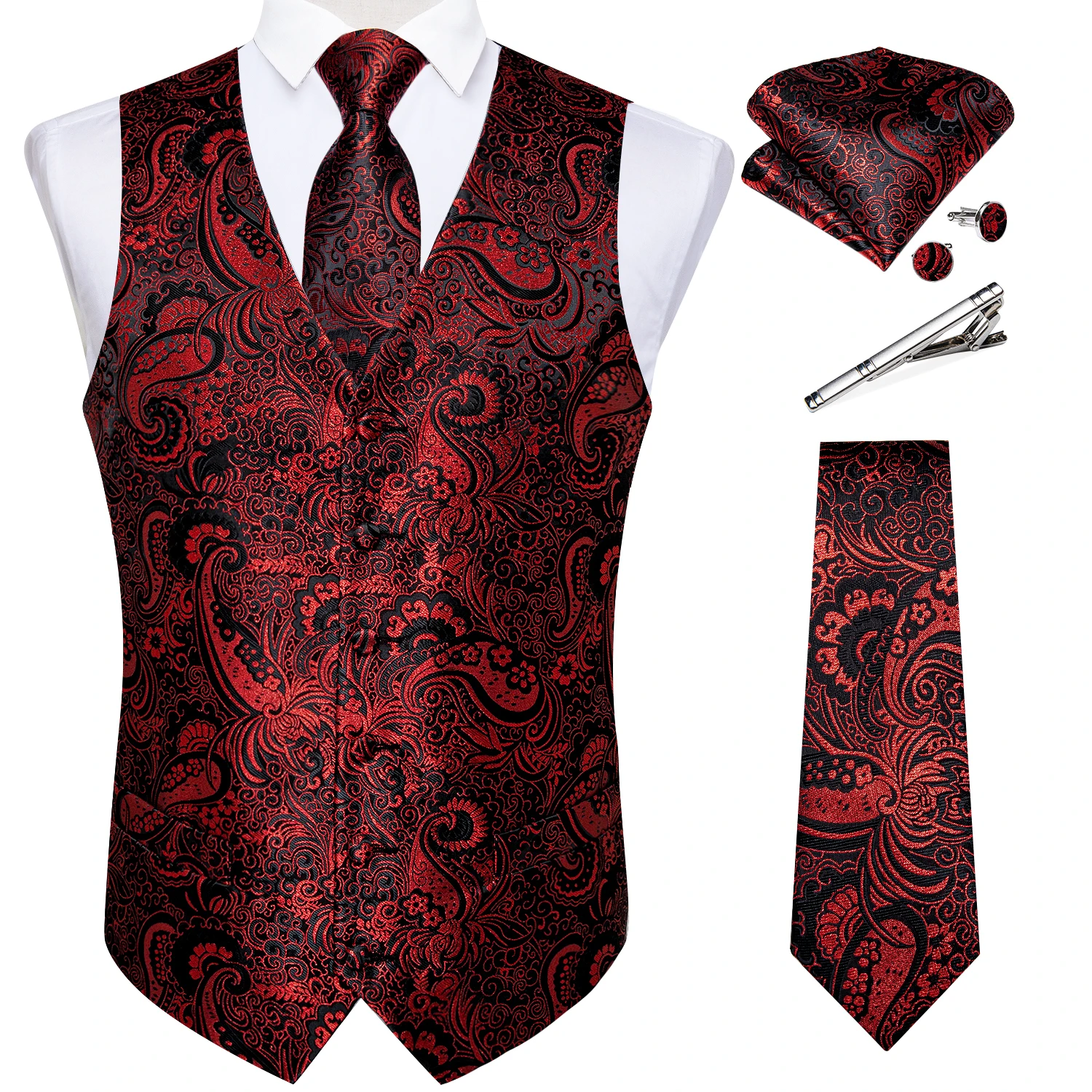 New Men's Silk Vests Formal Dress Suit Vest Tie Set for Wedding Male Satin Burgundy Red Waistcoat Sleeveless Jacket Casual Top